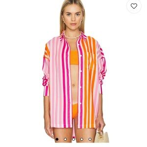 Beach Riot 100% Cotton Alexa Top Buttoned In Sunset Stripes Beach Coverup S/M